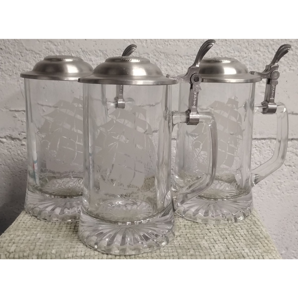 3 Vtg Old Spice Clear Glass Etched Metal Lidded Stein Clipper Ship Ariel 1866